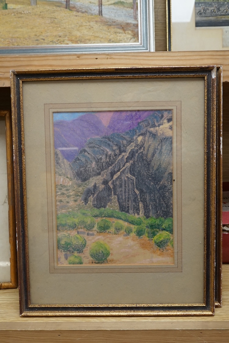 Victorian School, watercolour, Study of a Cornish fisherwoman with a fishing net and two later landscapes pastel landscapes. Condition - fair